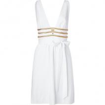 Azzaro White and Gold Deep V-Neck Dress with Belt