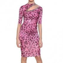 Blumarine Besticktes Bedrucktes Rayon Jersey Kleid Rosa Leo