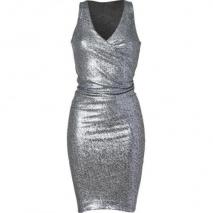 Donna Karan Silver Metallic Draped All Over Sequin Kleid