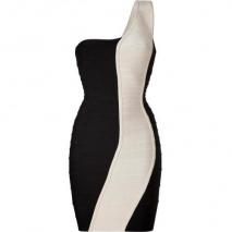 Hervé Léger Black/Cream One Shoulder Bandage Dress