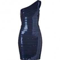 Hervé Léger Navy Blue Sequined One Shoulder Bandage Dress