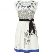 Hoss Intropia Ecru Blue Art Deco Embroidered Dress