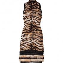 Roberto Cavalli Bronze/Black Intarsia Knit Dress with Fur Trim