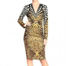 Roberto Cavalli Long sleeve v neck jaguar print buckle dress