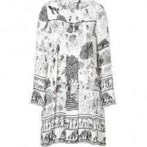 Suno Ivory/Black Sketch Print Long Sleeve Pleated Front Silk Dress