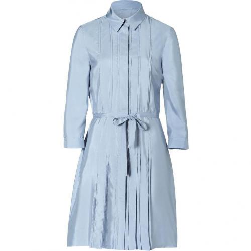 Jil Sander Navy Sky Blue Pleated Silk Shirtdress