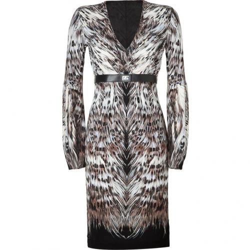 Roberto Cavalli Black-Multi Belted Feather Print Dress